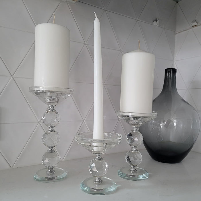 Glass Candle Holder with Multipurpose Use for Pillar, Taper, Tealight, & Hurricane Candles, Set of 3 Silver